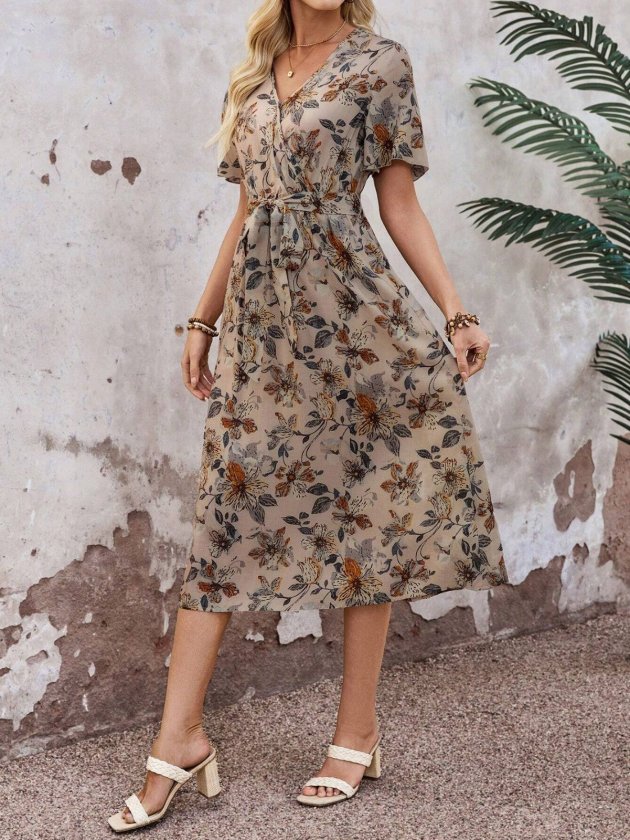 Mamo Sütlü Kahve Mini Kruvaze Desenli Elbise - Mamo kadın butik elbise