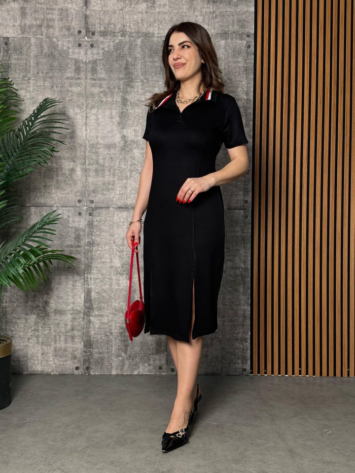 Mamo Siyah Yırtmaç Detaylı Elbise - Mamo kadın butik elbise