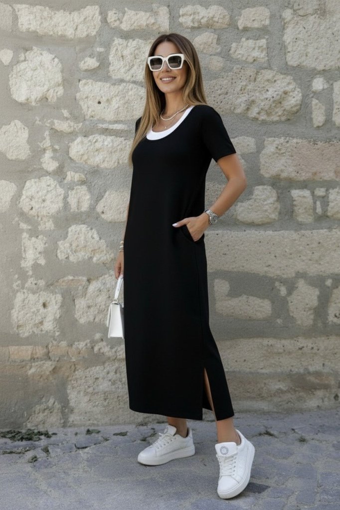 Mamo Siyah Mini Yırtmaç Detaylı Viskon Elbise - Mamo kadın butik elbise