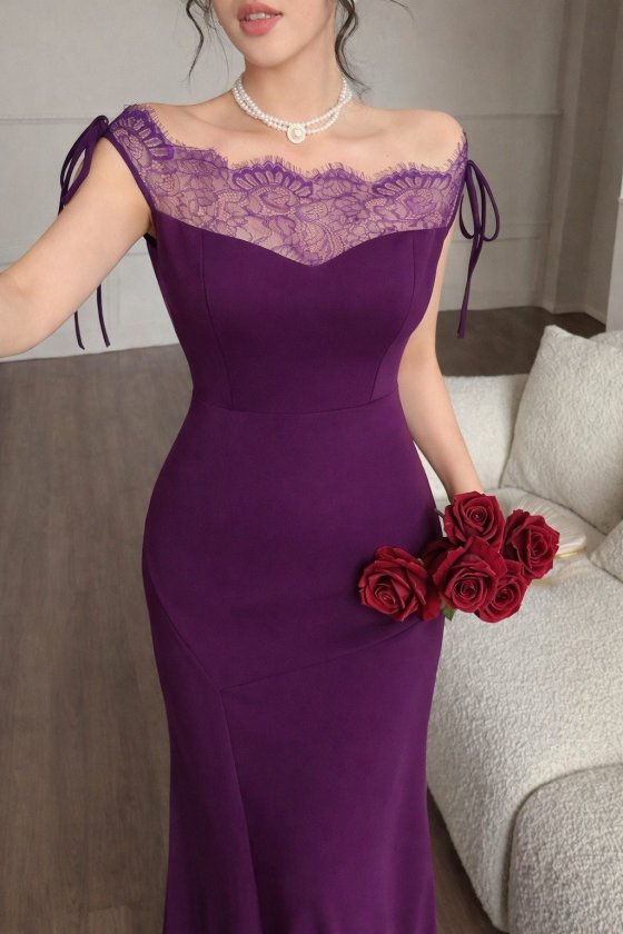 Mamo Mürdüm Uzun Dantel Detaylı Krep Elbise - Mamo kadın butik elbise