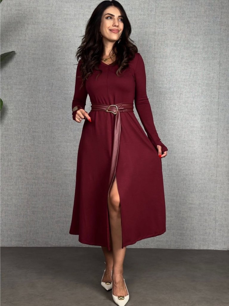 Mamo Bordo Midi Yırtmaç Detaylı Viskon Elbise - Mamo kadın butik elbise