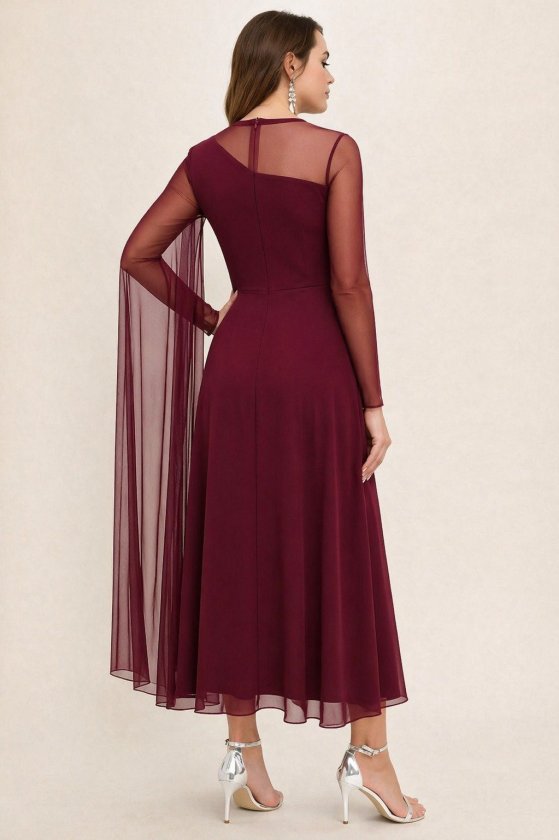 Mamo Bordo Uzun Tül Detaylı Elbise - Mamo kadın butik elbise