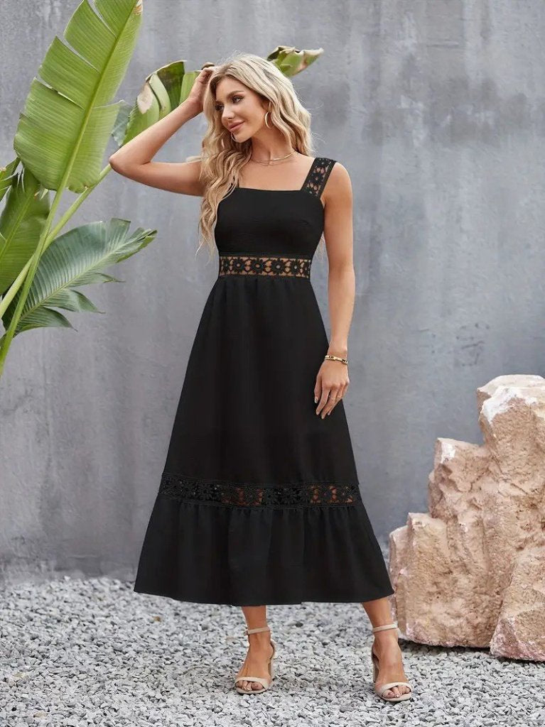 Mamo Siyah Askılı Dantel Detaylı Krep Elbise - Mamo kadın butik elbise