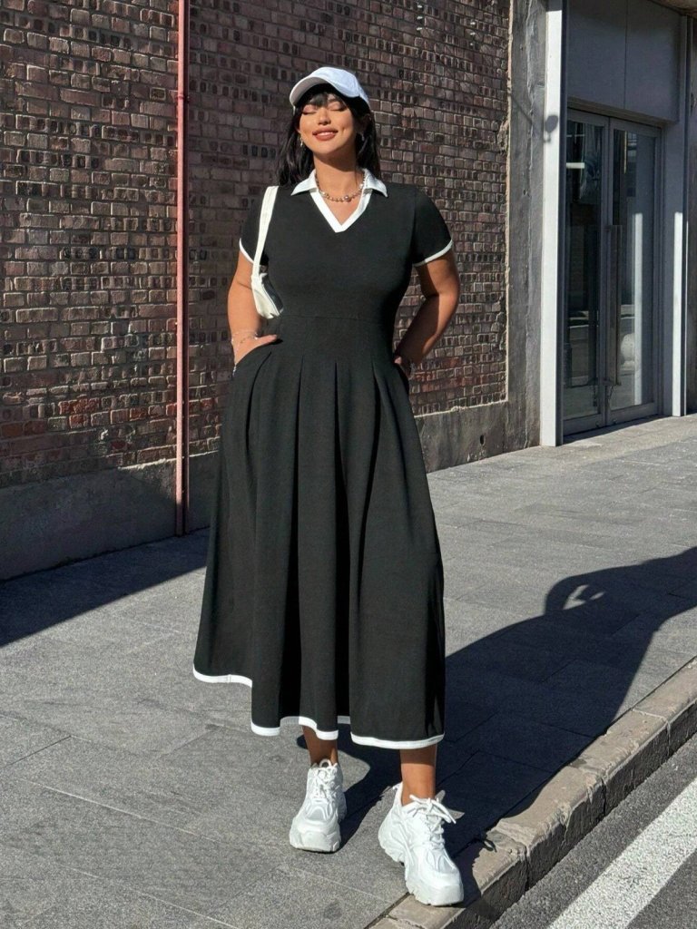 Mamo Siyah Mini V Yaka Krep Elbise - Mamo kadın butik elbise