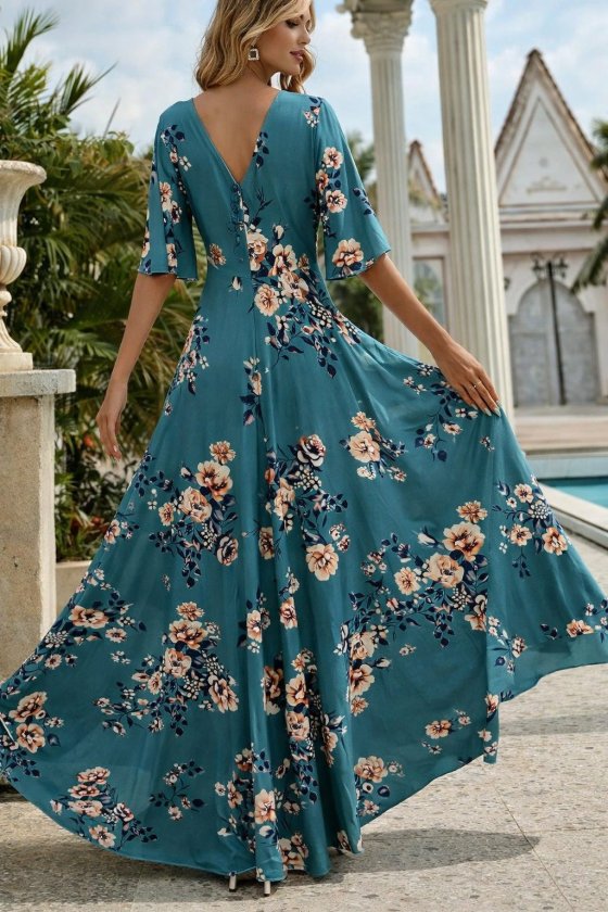 Mamo Yeşil Mini V Yaka Desenli Elbise - Mamo kadın butik elbise