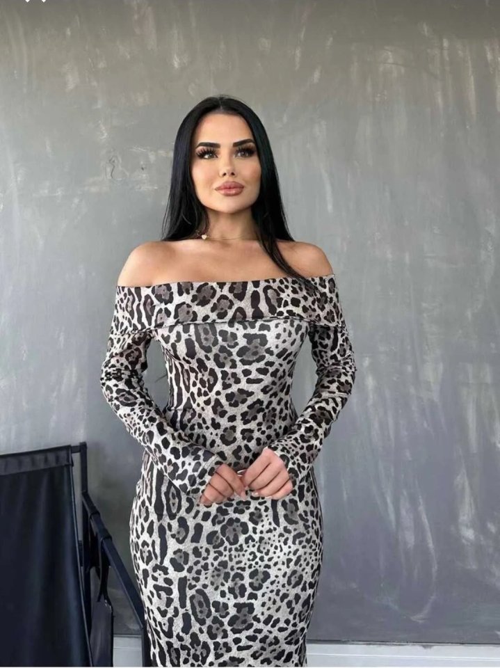 Mamo Leopar Uzun Yırtmaç Detaylı Desenli Elbise - Mamo kadın butik elbise