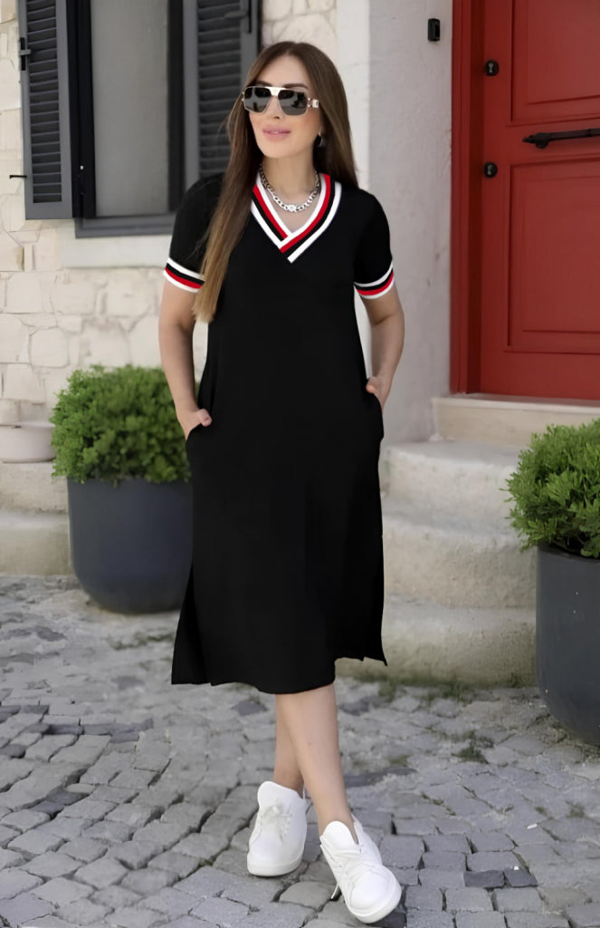 Mamo Kırmızı Mini V Yaka Viskon Elbise - Mamo kadın butik elbise