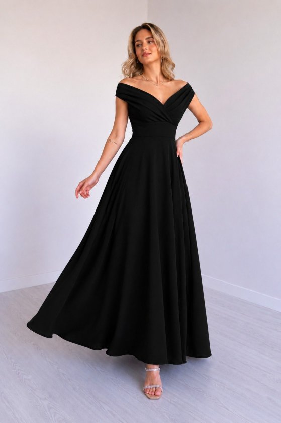 Mamo Siyah Uzun Kruvaze Krep Elbise - Mamo kadın butik elbise