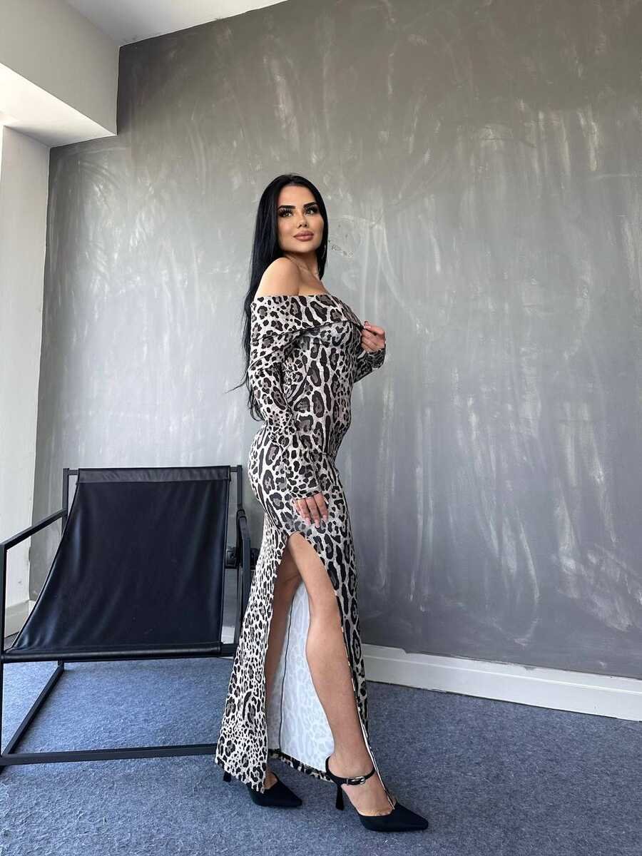 Mamo Leopar Uzun Yırtmaç Detaylı Desenli Elbise - Mamo kadın butik elbise