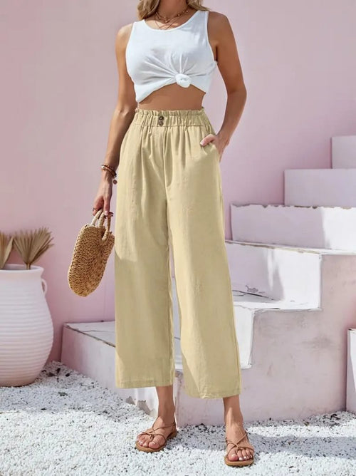 Mamo Bej Keten Rahat Kesim Pantolon - Mamo kadın butik alt giyim