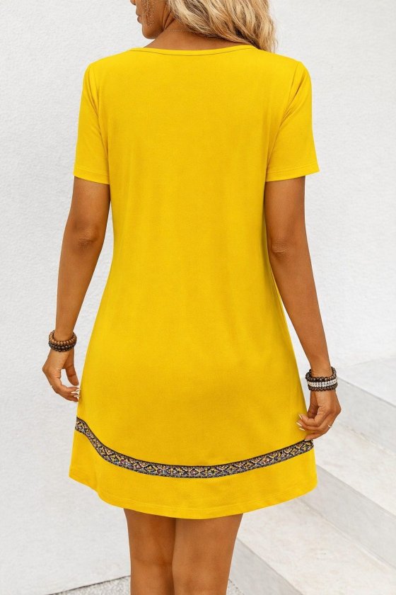 Mamo Sarı Mini V Yaka Desenli Elbise - Mamo kadın butik elbise