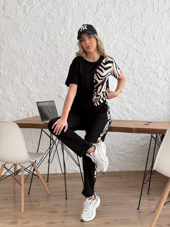 Mamo Siyah Leopar Desenli Takım - Mamo kadın butik takım