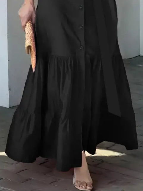 Mamo Siyah Uzun Fırfır Detaylı Kuşaklı Elbise - Mamo kadın butik elbise