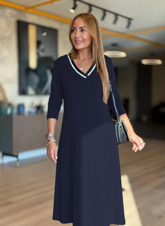 Mamo Lacivert Midi V Yaka Elbise - Mamo kadın butik elbise