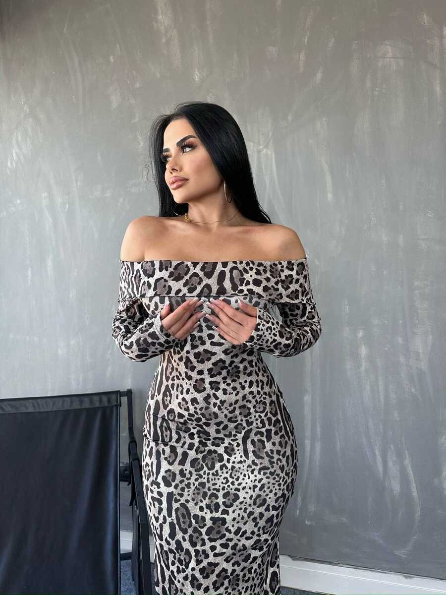 Mamo Leopar Uzun Yırtmaç Detaylı Desenli Elbise - Mamo kadın butik elbise