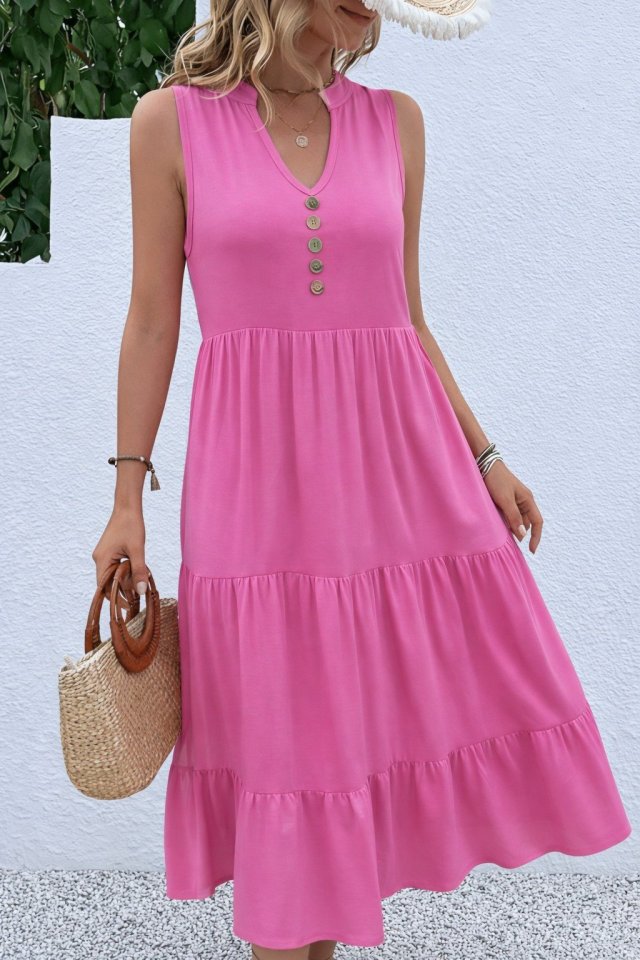 Mamo Pembe Midi Askılı V Yaka Elbise - Mamo kadın butik elbise