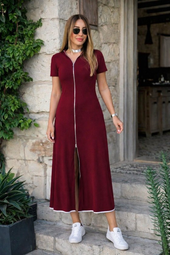 Mamo Bordo Mini Viskon Elbise - Mamo kadın butik elbise
