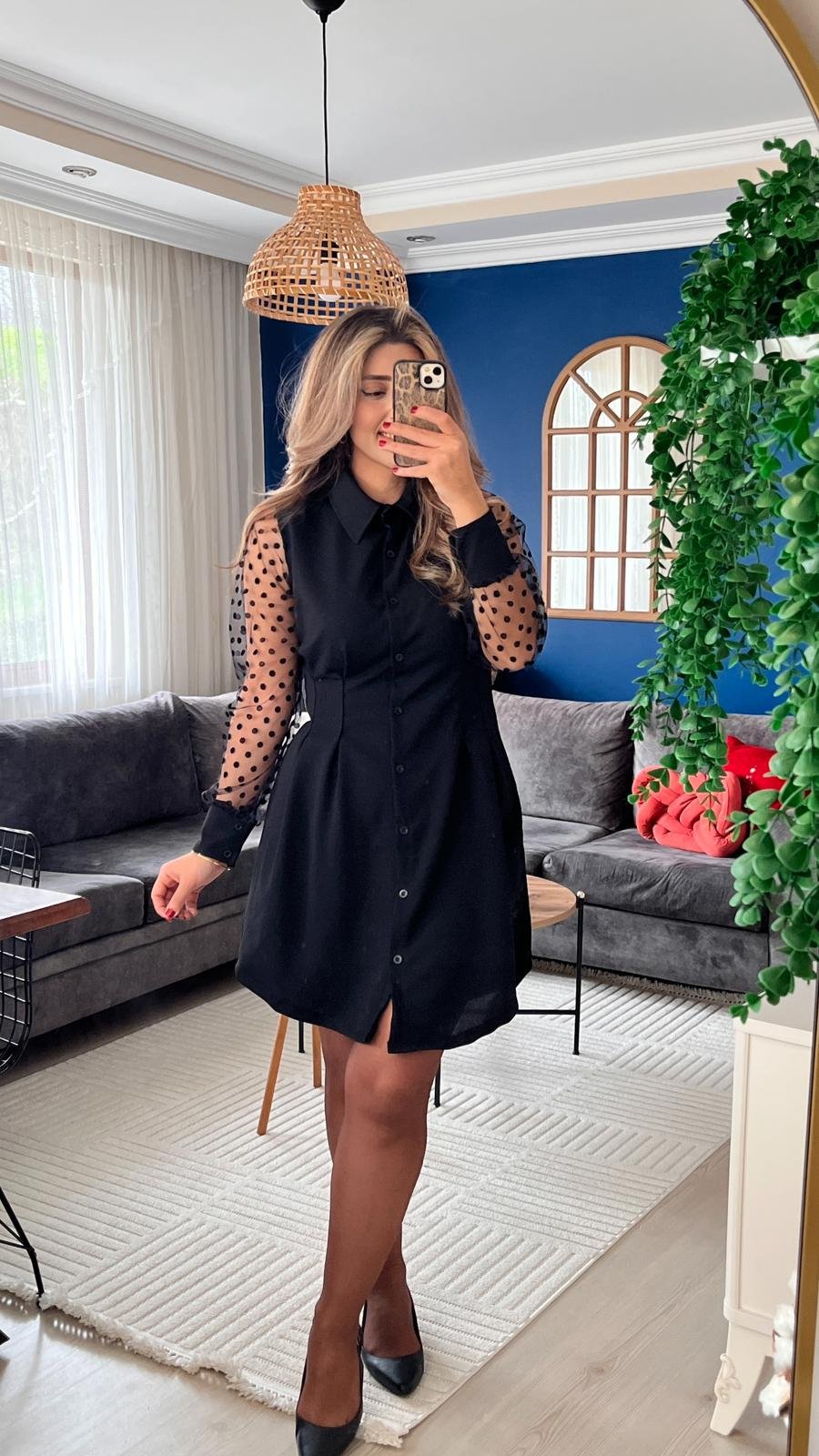 Mamo Siyah Mini Krep Elbise - Mamo kadın butik elbise