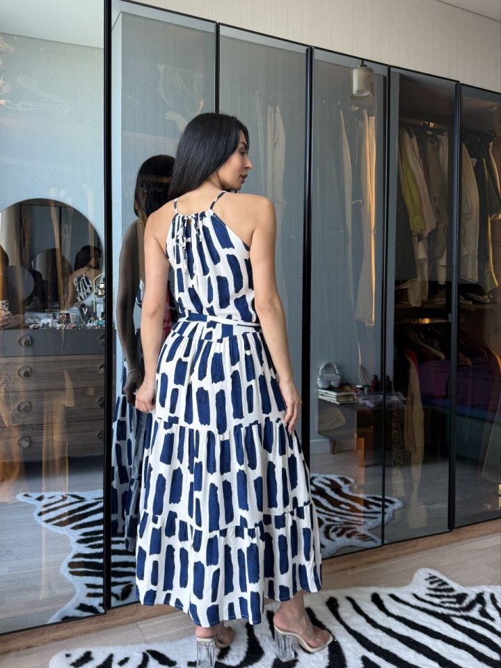 Mamo Mavi Midi Askılı Halter Yaka Elbise - Mamo kadın butik elbise