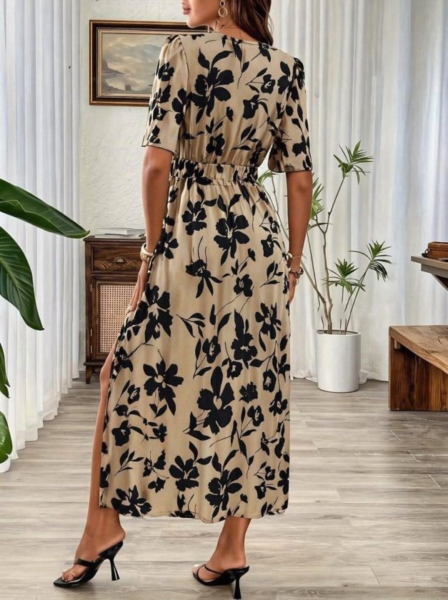 Mamo Kahve Mini V Yaka Yırtmaç Detaylı Elbise - Mamo kadın butik elbise
