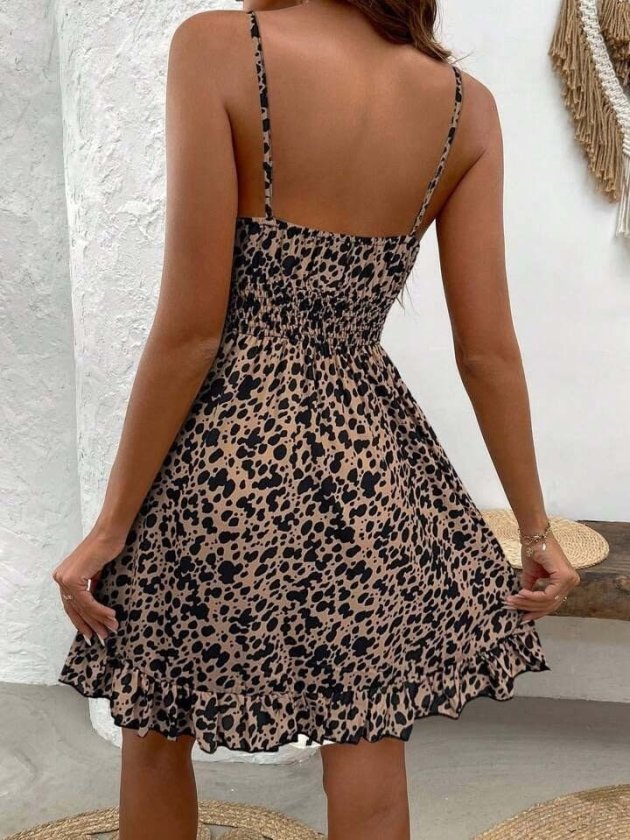 Mamo Leopar Mini Askılı Elbise - Mamo kadın butik elbise
