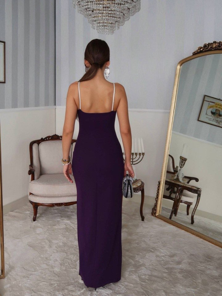 Mamo Mürdüm Uzun Askılı Yırtmaç Detaylı Elbise - Mamo kadın butik elbise