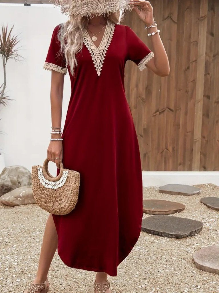 Mamo Bordo Mini V Yaka Dantel Detaylı Elbise - Mamo kadın butik elbise