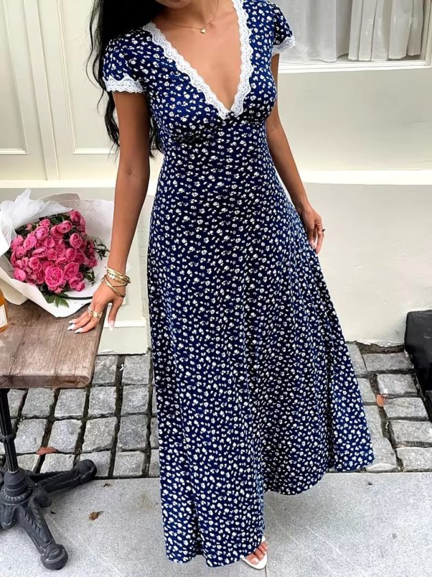 Mamo Lacivert Mini V Yaka Dantel Detaylı Elbise - Mamo kadın butik elbise