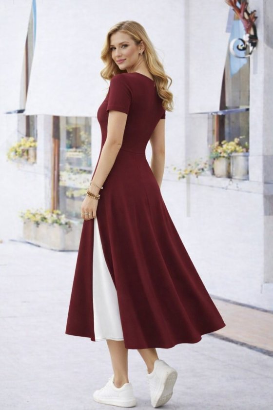 Mamo Bordo Mini Sim Detaylı Viskon Elbise - Mamo kadın butik elbise