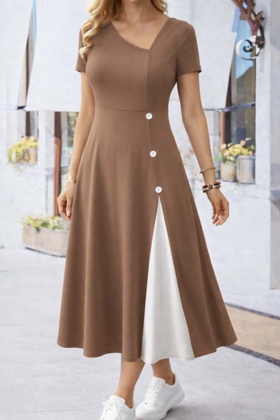 Mamo Kahve Mini Sim Detaylı Viskon Elbise - Mamo kadın butik elbise