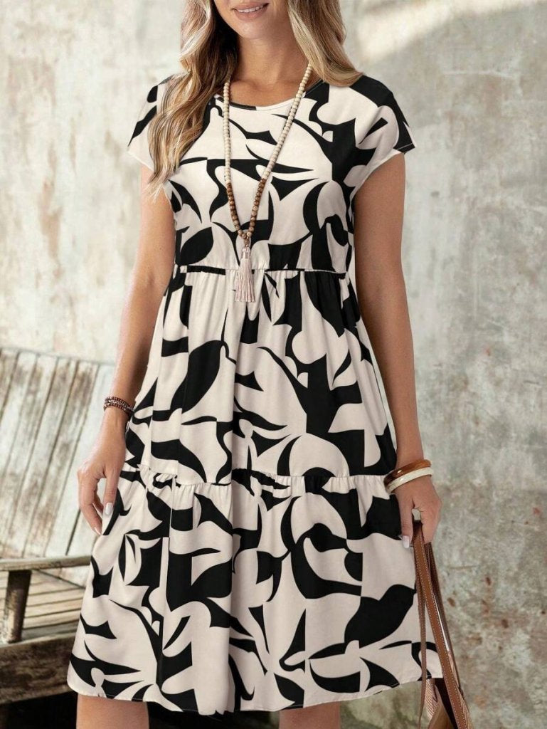 Mamo Bej Mini Fırfır Detaylı Desenli Elbise - Mamo kadın butik elbise