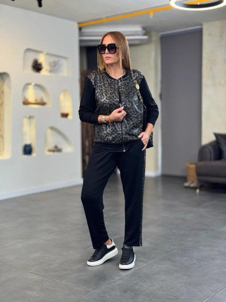 Mamo Siyah Leopar Desenli Viskon Takım - Mamo kadın butik takım