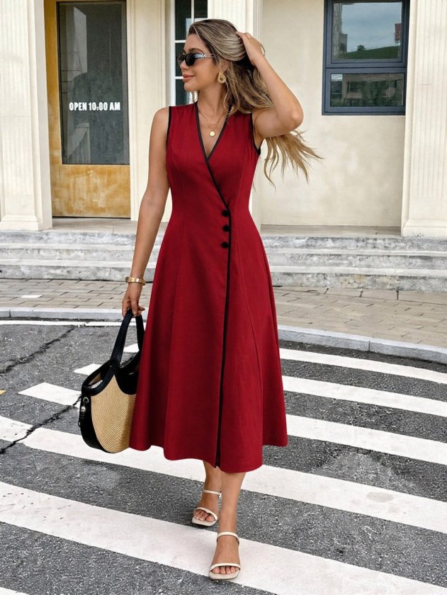 Mamo Bordo Midi Askılı Kruvaze Elbise - Mamo kadın butik elbise
