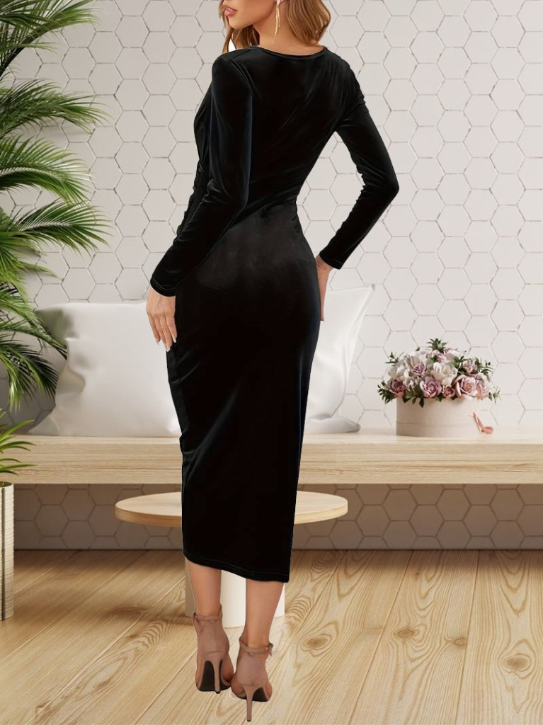 Mamo Siyah Midi Kruvaze Elbise - Mamo kadın butik elbise