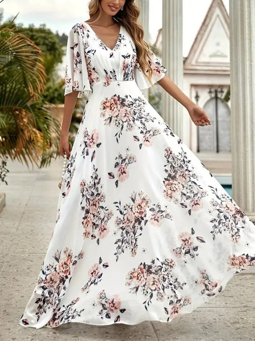 Mamo Beyaz Mini V Yaka Desenli Elbise - Mamo kadın butik elbise