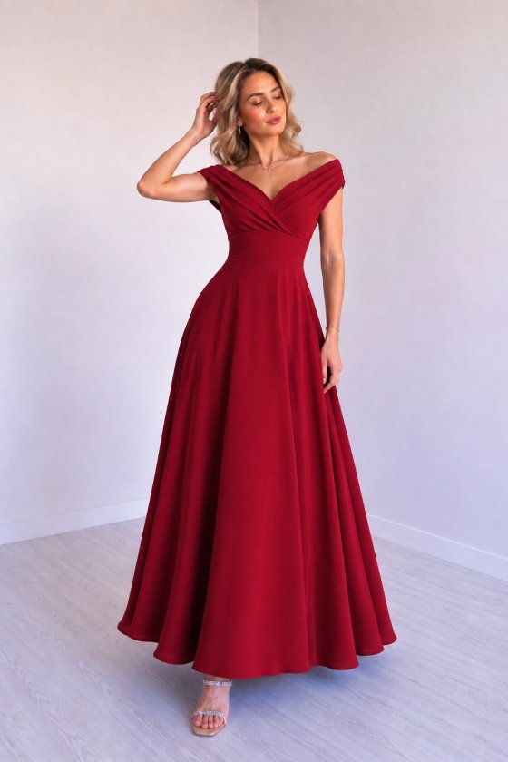 Mamo Kırmızı Uzun Kruvaze Krep Elbise - Mamo kadın butik elbise