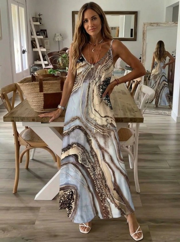Mamo Desenli Uzun Askılı V Yaka Elbise - Mamo kadın butik elbise