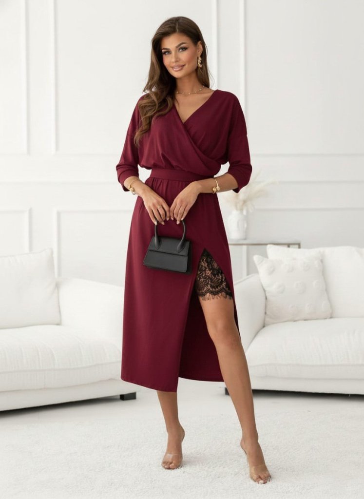 Mamo Bordo Midi Kruvaze Dantel Detaylı Elbise - Mamo kadın butik elbise
