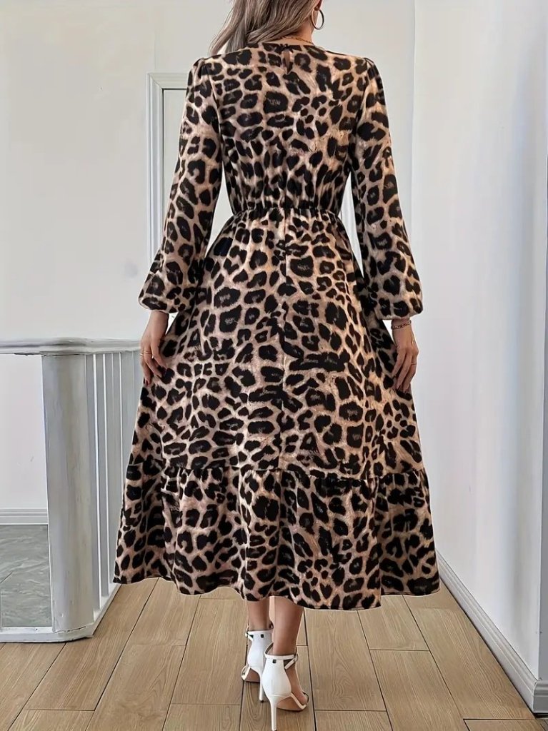 Mamo Leopar Midi Desenli Elbise - Mamo kadın butik elbise