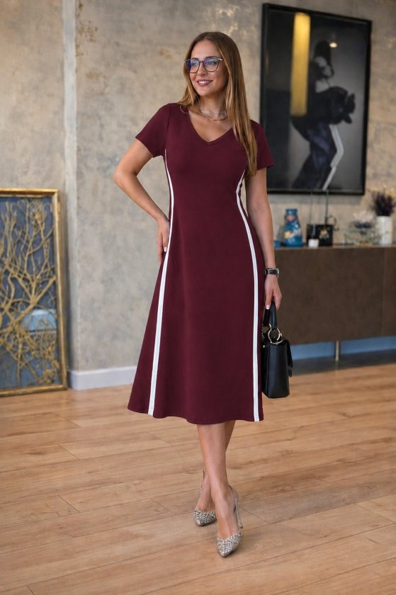 Mamo Bordo Mini V Yaka Viskon Elbise - Mamo kadın butik elbise