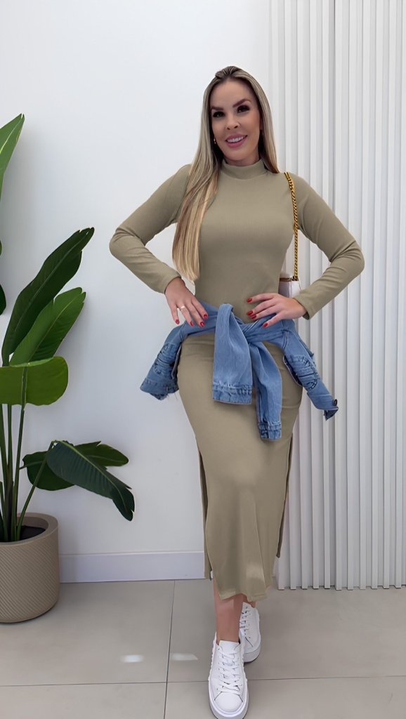 Mamo Bej Uzun Yırtmaç Detaylı Kaşkorse Elbise - Mamo kadın butik elbise