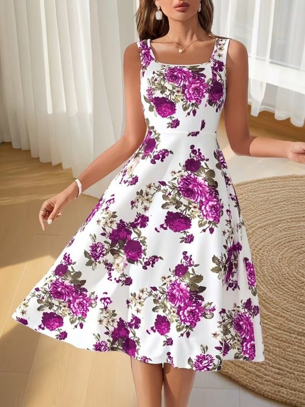 Mamo Pembe Midi Askılı Desenli Elbise - Mamo kadın butik elbise