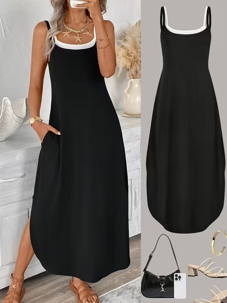 Mamo Siyah Uzun Askılı Cepli Elbise - Mamo kadın butik elbise
