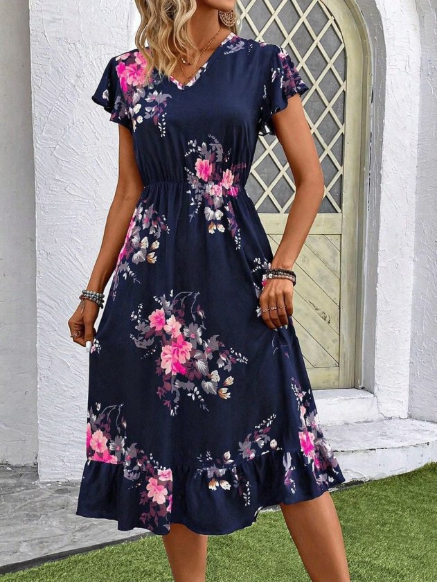 Mamo Lacivert Mini V Yaka Desenli Elbise - Mamo kadın butik elbise