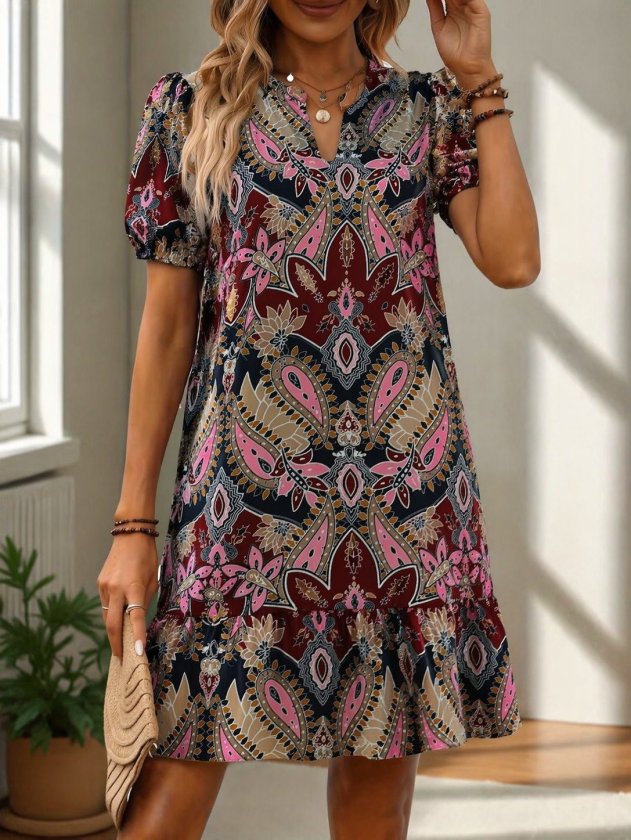 Mamo Pembe Mini V Yaka Desenli Elbise - Mamo kadın butik elbise