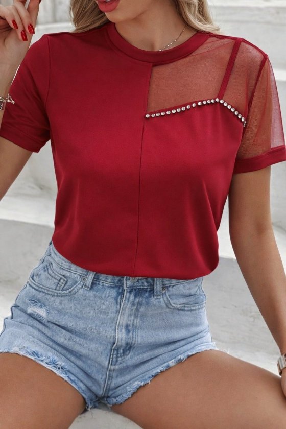 Mamo Kırmızı Tül Detaylı Krep Bluz - Mamo kadın butik bluz