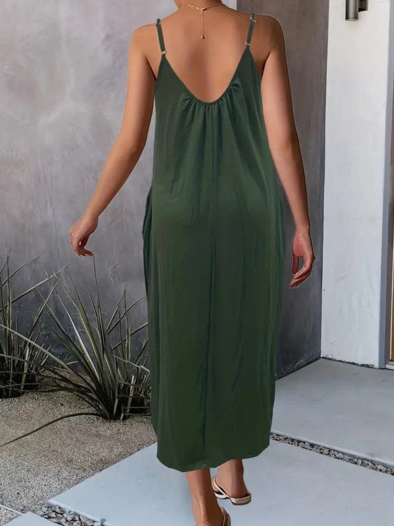 Mamo Haki Askılı V Yaka Cepli Elbise - Mamo kadın butik elbise