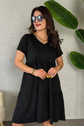 Mamo Siyah Mini V Yaka Viskon Elbise - Mamo kadın butik elbise