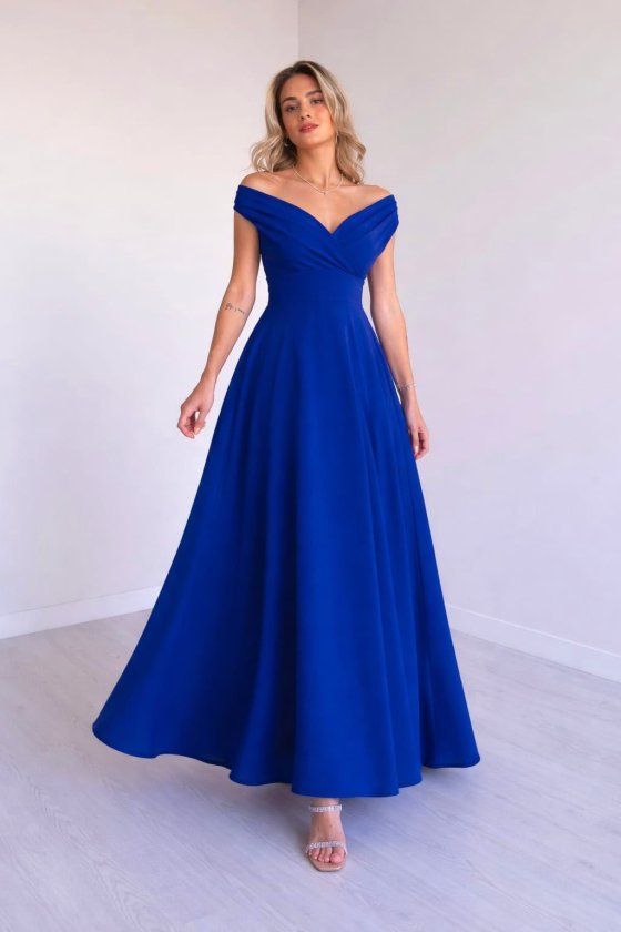 Mamo Mavi Uzun Kruvaze Krep Elbise - Mamo kadın butik elbise