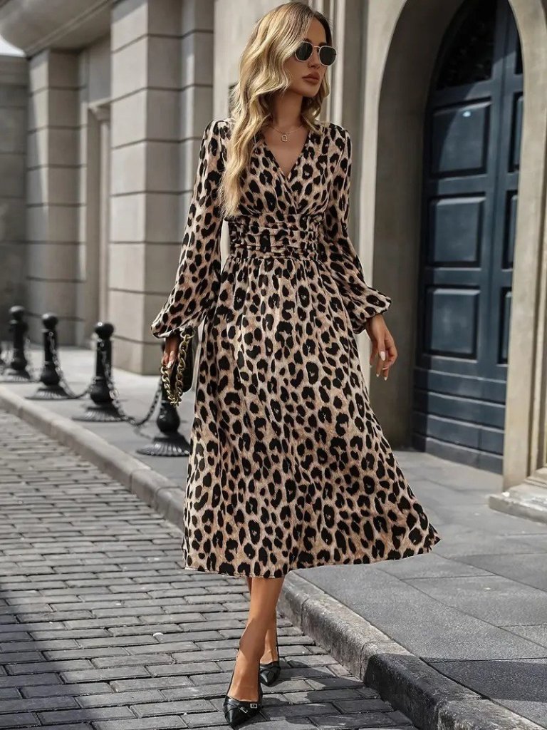 Mamo Leopar Midi Kruvaze Desenli Elbise - Mamo kadın butik elbise